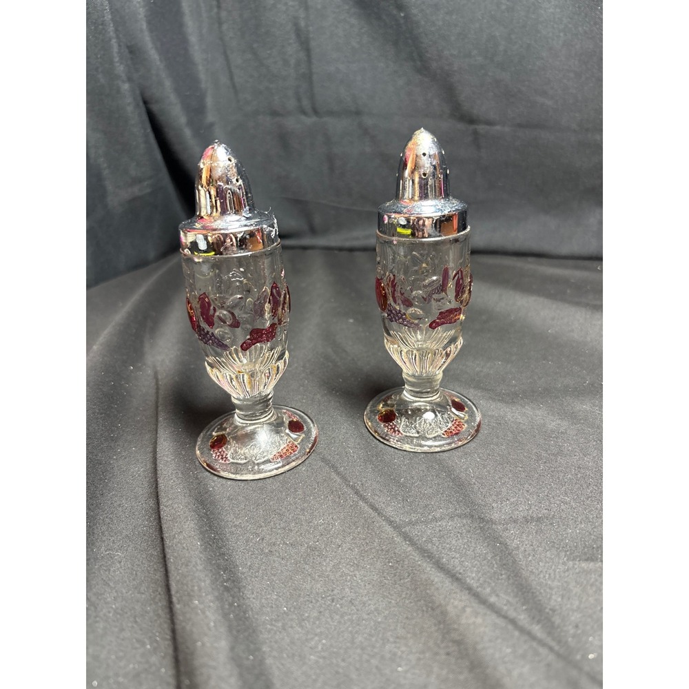 Vintage Glass Salt and Pepper Shakers Pedestal Grape Design Red Purple Accents
